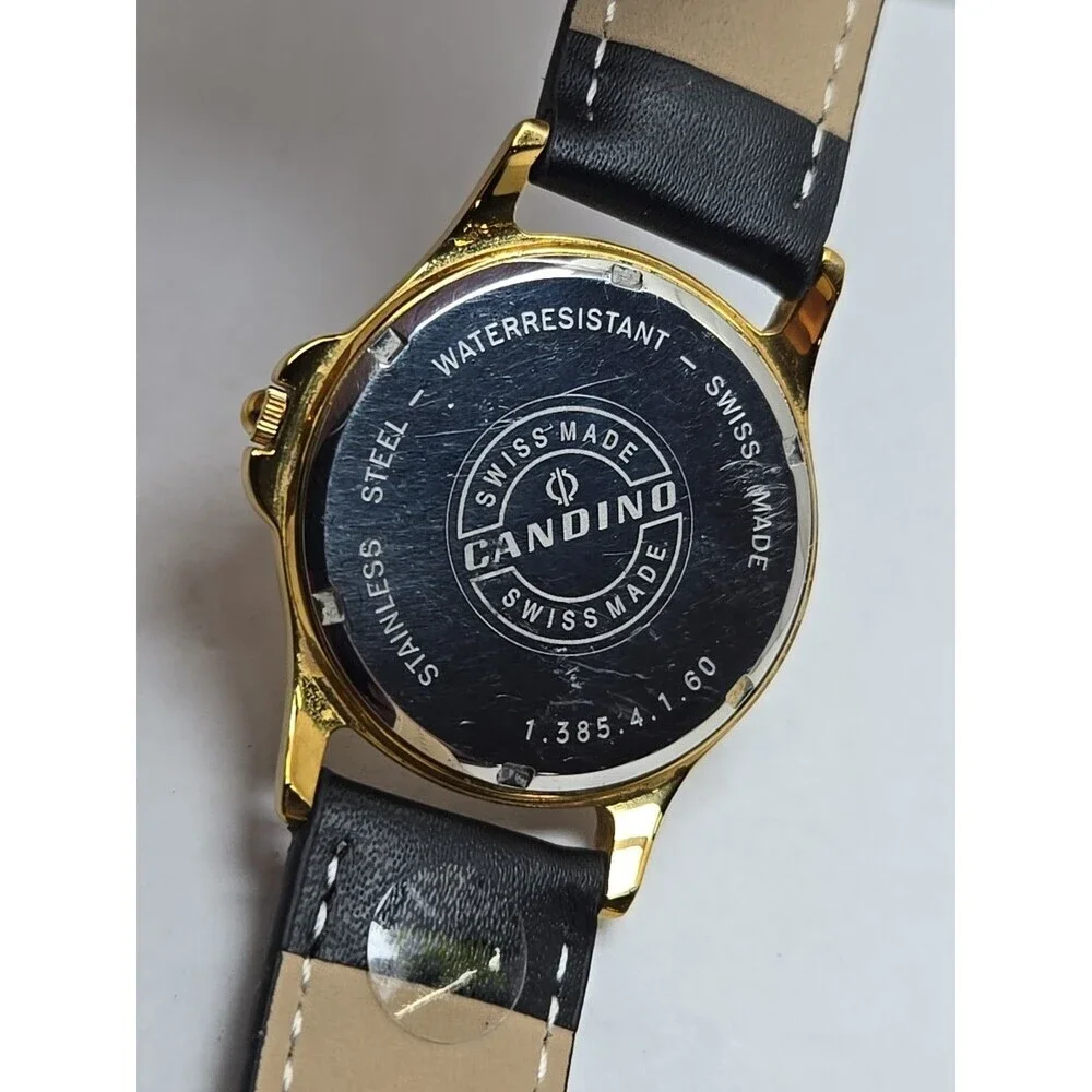 Candino Swiss Made Gold Tone Date Dress Watch Leather Band New Battery Ref 13854